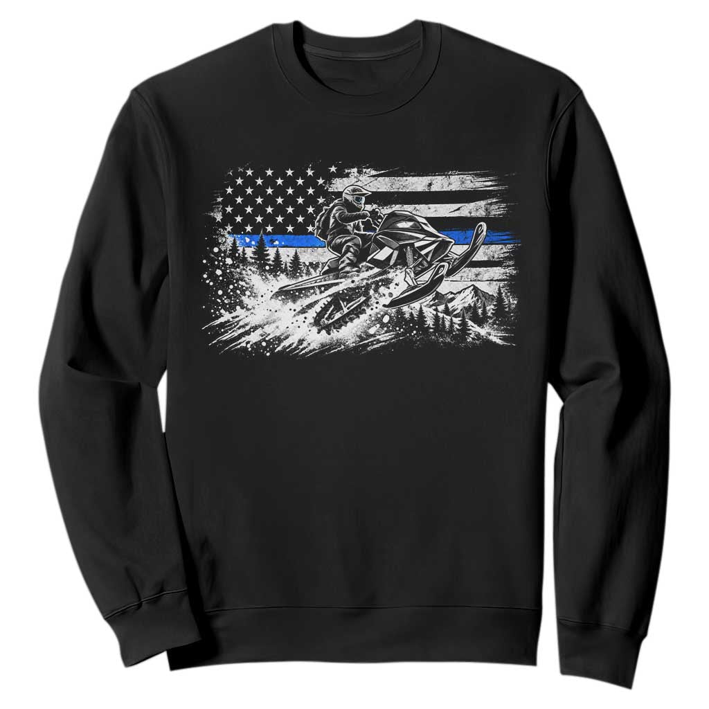 Police Officer Snowmobile USA Flag Sweatshirt Patriotic Law Enforcement Support Winter Sports Aesthetic