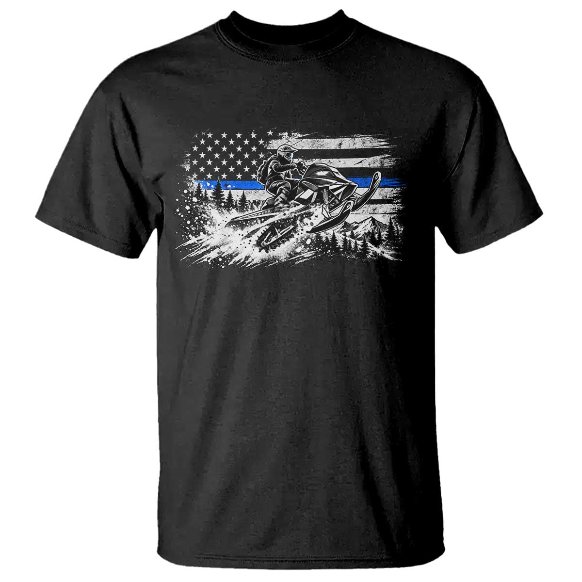 Police Officer Snowmobile USA Flag T Shirt Patriotic Law Enforcement Support Winter Sports Aesthetic