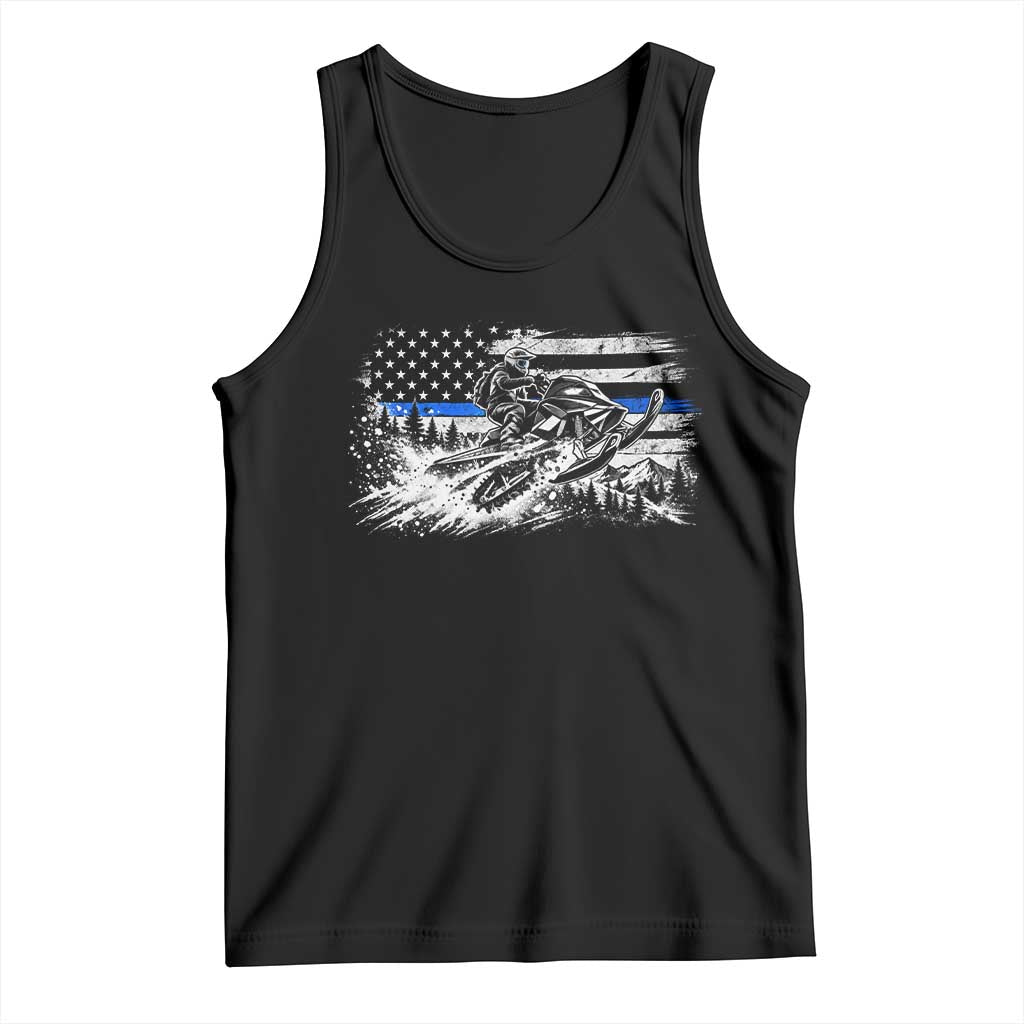 Police Officer Snowmobile USA Flag Tank Top Patriotic Law Enforcement Support Winter Sports Aesthetic