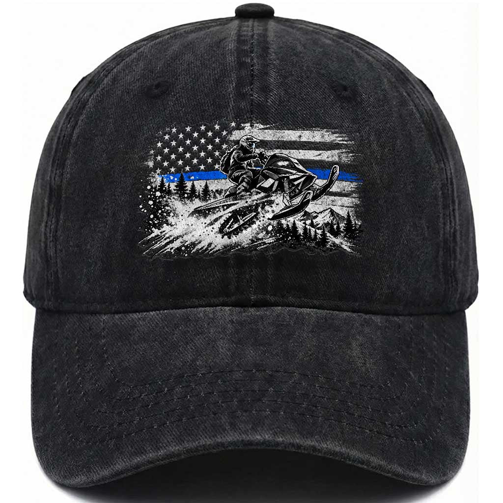 Police Officer Snowmobile USA Flag Washed Cotton Baseball Cap Patriotic Law Enforcement Support Winter Sports Aesthetic
