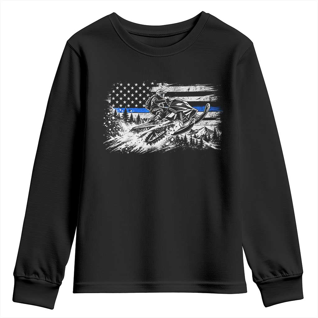 Police Officer Snowmobile USA Flag Youth Sweatshirt Patriotic Law Enforcement Support Winter Sports Aesthetic