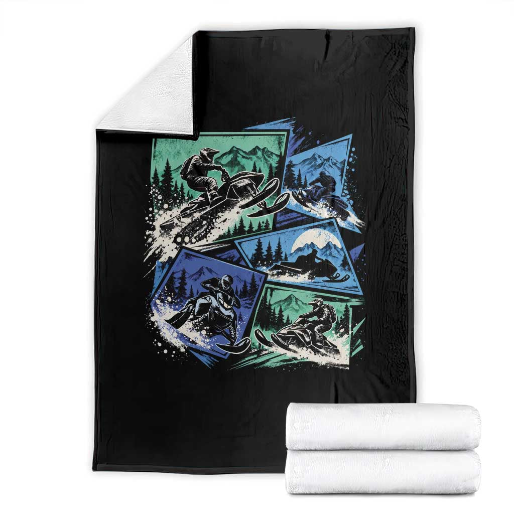 Extreme Snowmobiling Throw Blanket Retro Neon Outdoor Mountain Adventure Aesthetic
