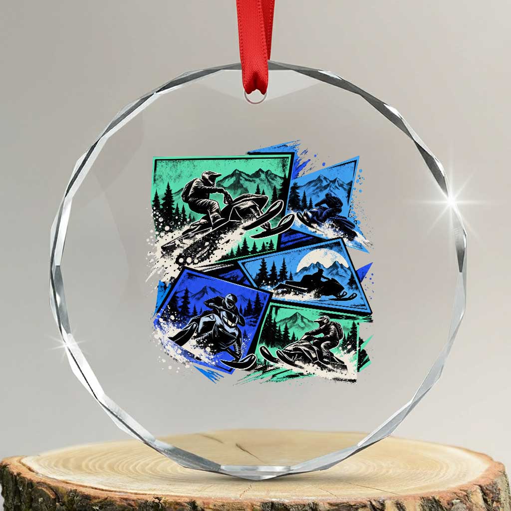Extreme Snowmobiling Crystal Glass Ornament Retro Neon Outdoor Mountain Adventure Aesthetic