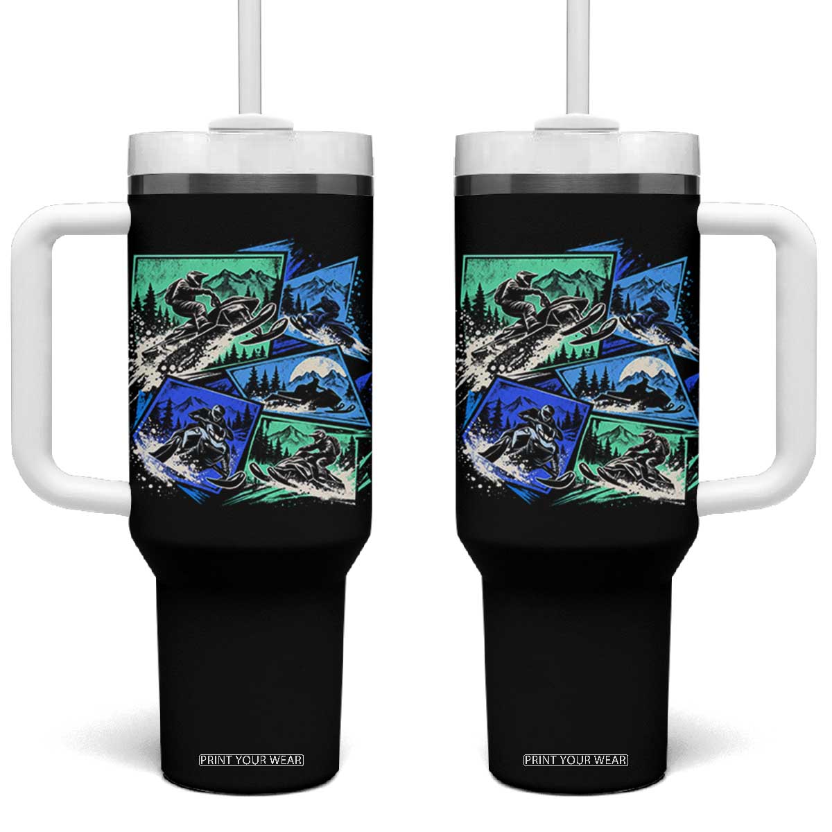 Extreme Snowmobiling Tumbler With Handle Retro Neon Outdoor Mountain Adventure Aesthetic