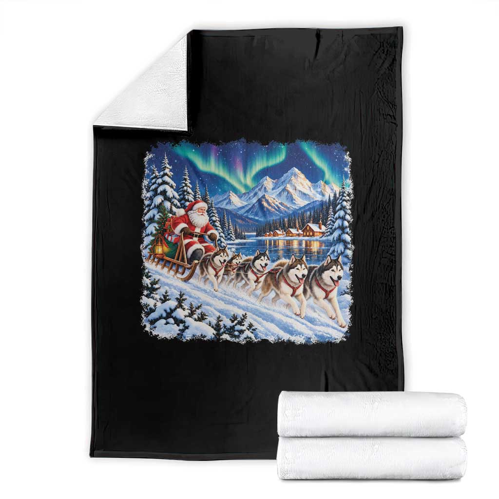 Vintage 90s Christmas Alaska Sled Dog Santa Claus Throw Blanket Alaskan Husky Dog Sleigh Northern Lights Winter