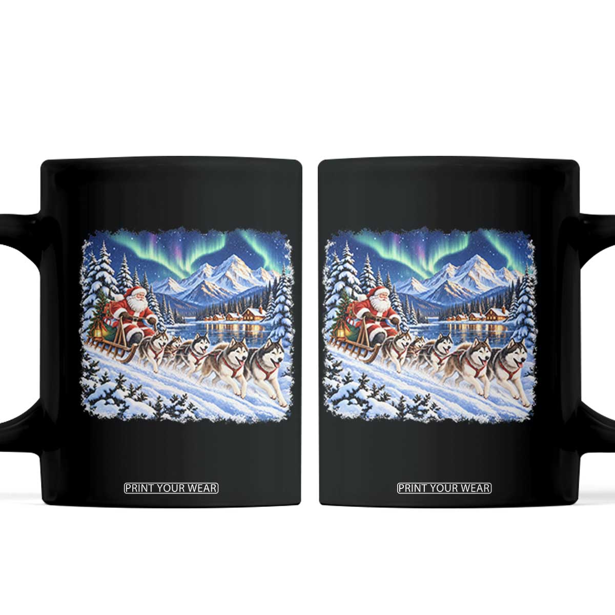 Vintage 90s Christmas Alaska Sled Dog Santa Claus Coffee Mug Alaskan Husky Dog Sleigh Northern Lights Winter