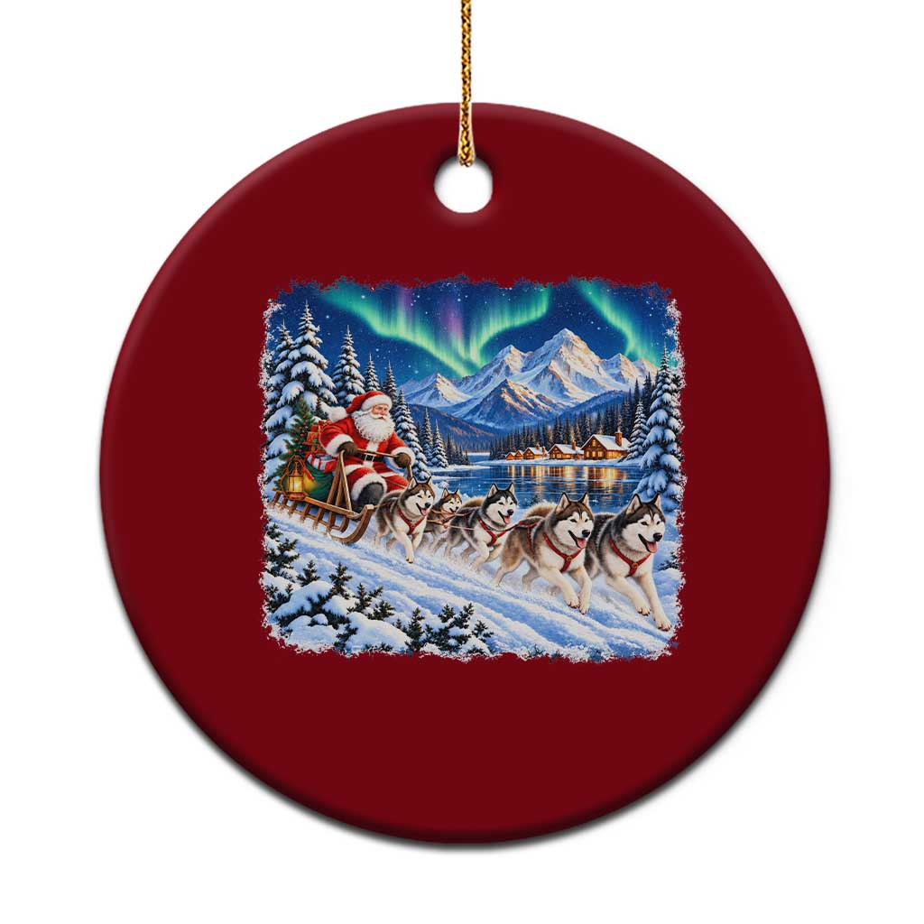 Vintage 90s Christmas Alaska Sled Dog Santa Claus Ceramic Ornament Alaskan Husky Dog Sleigh Northern Lights Winter