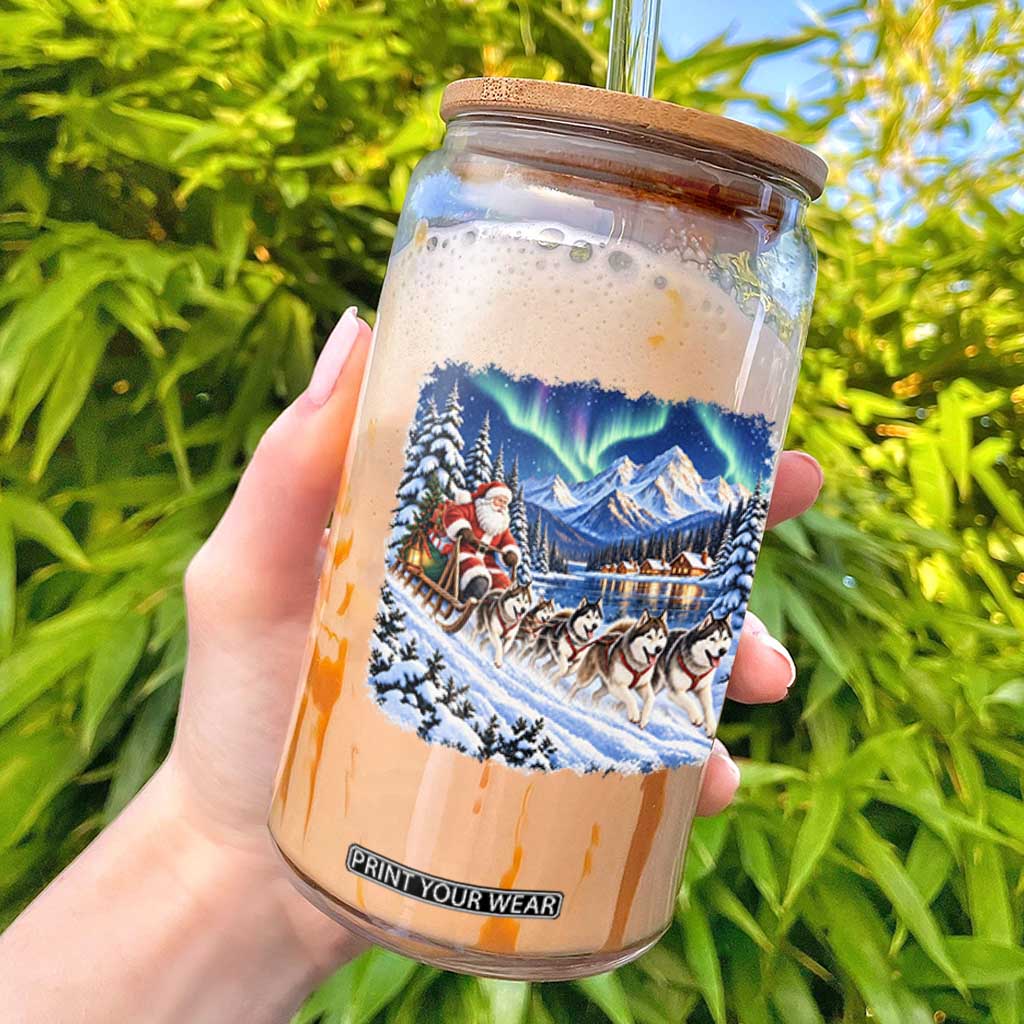 Vintage 90s Christmas Alaska Sled Dog Santa Claus Glass Can Alaskan Husky Dog Sleigh Northern Lights Winter