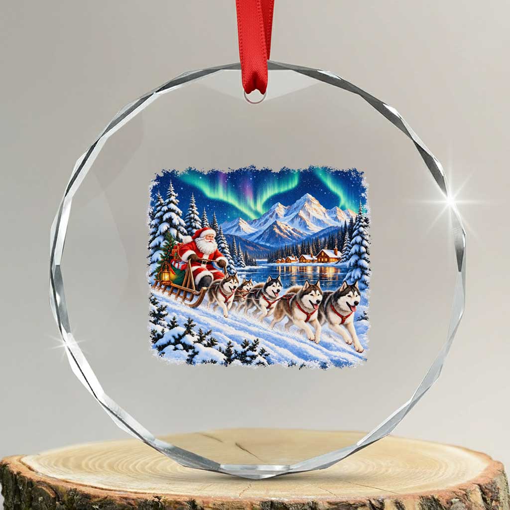 Vintage 90s Christmas Alaska Sled Dog Santa Claus Crystal Glass Ornament Alaskan Husky Dog Sleigh Northern Lights Winter