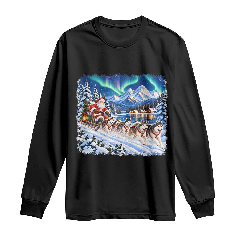 Vintage 90s Christmas Alaska Sled Dog Santa Claus Long Sleeve Shirt Alaskan Husky Dog Sleigh Northern Lights Winter