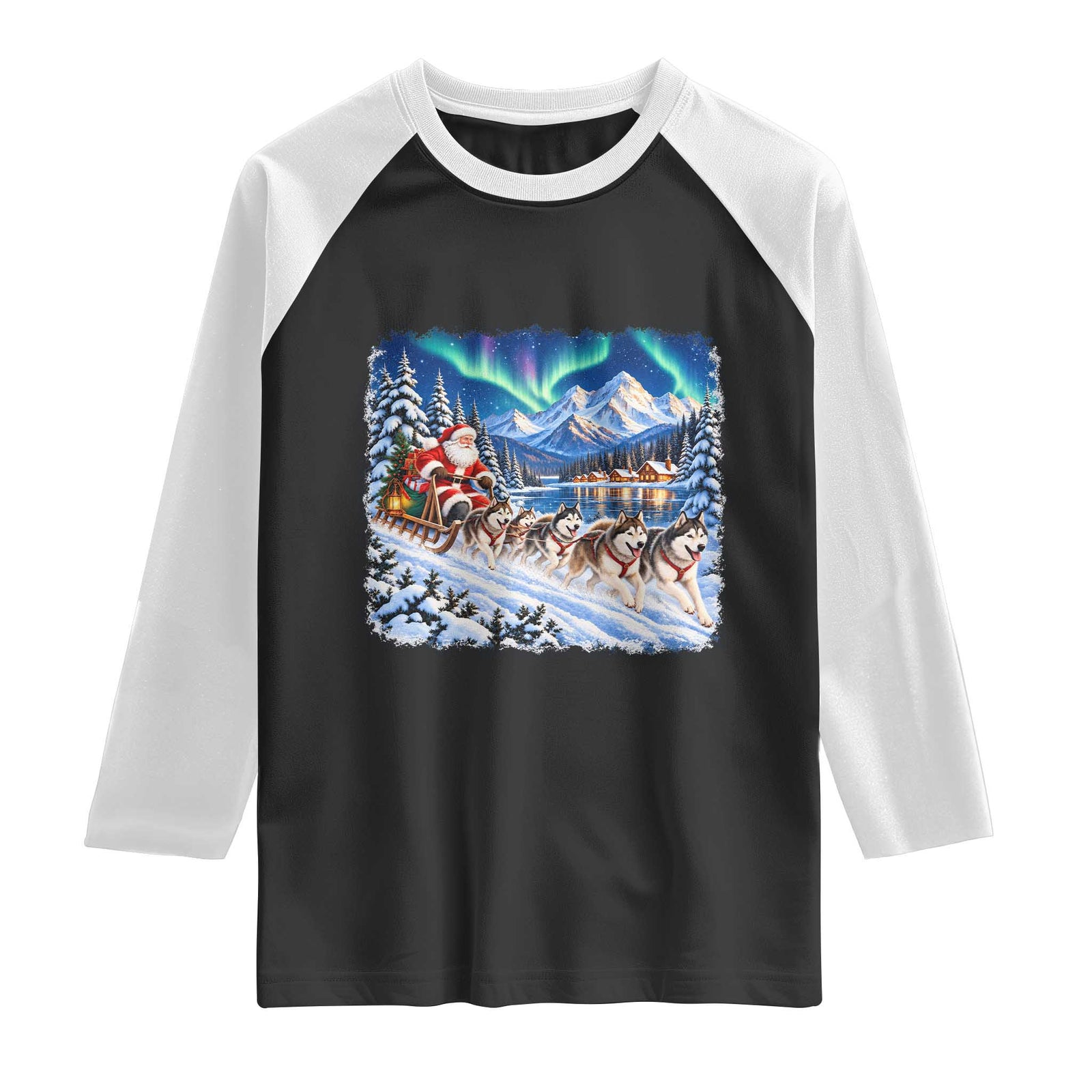 Vintage 90s Christmas Alaska Sled Dog Santa Claus Raglan Shirt Alaskan Husky Dog Sleigh Northern Lights Winter
