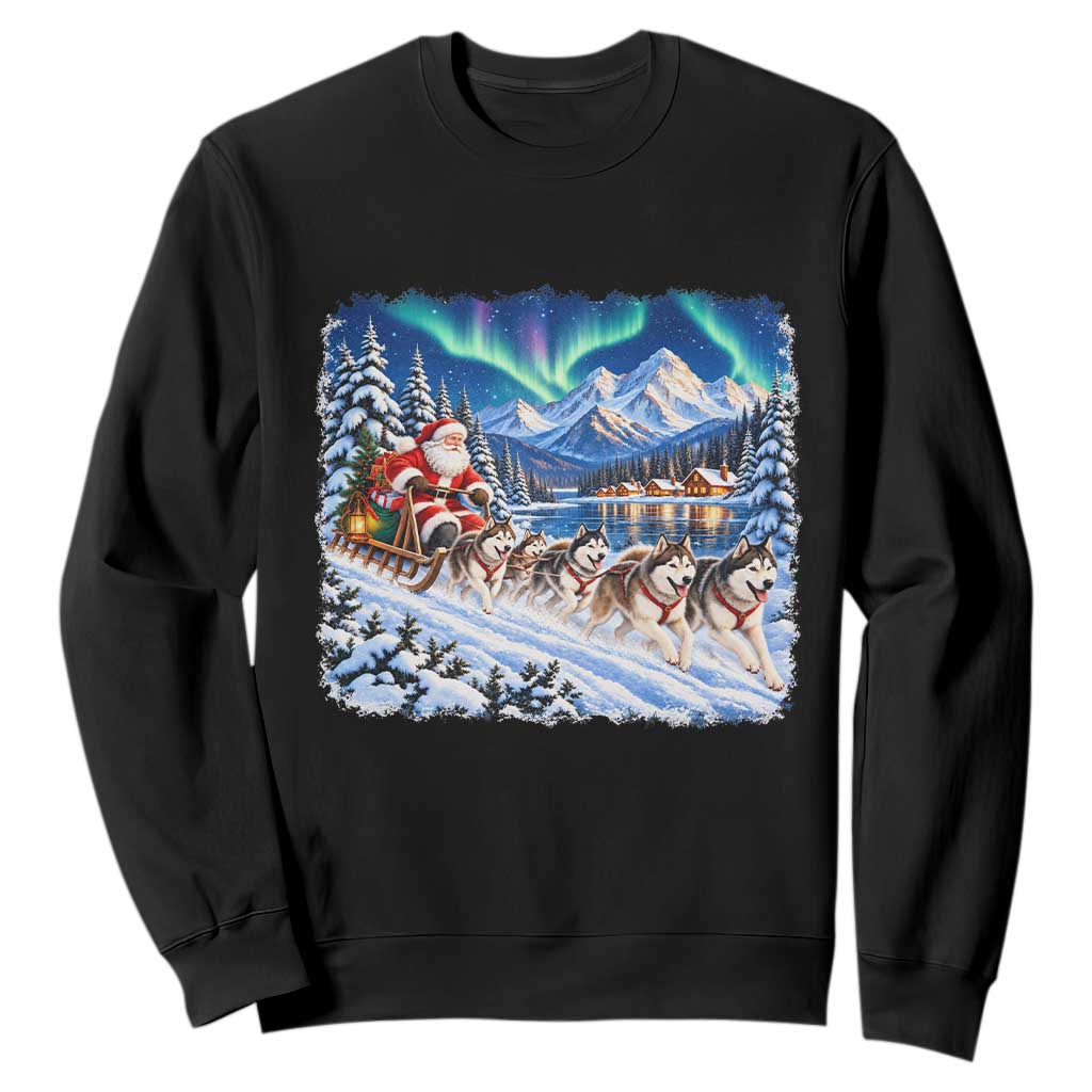 Vintage 90s Christmas Alaska Sled Dog Santa Claus Sweatshirt Alaskan Husky Dog Sleigh Northern Lights Winter