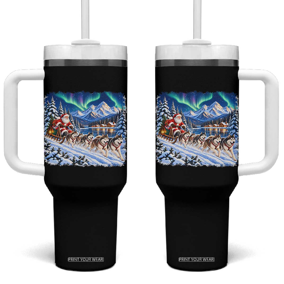 Vintage 90s Christmas Alaska Sled Dog Santa Claus Tumbler With Handle Alaskan Husky Dog Sleigh Northern Lights Winter