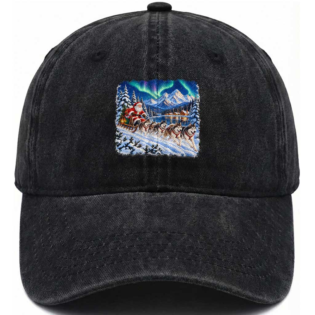 Vintage 90s Christmas Alaska Sled Dog Santa Claus Washed Cotton Baseball Cap Alaskan Husky Dog Sleigh Northern Lights Winter