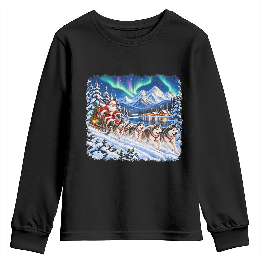 Vintage 90s Christmas Alaska Sled Dog Santa Claus Youth Sweatshirt Alaskan Husky Dog Sleigh Northern Lights Winter