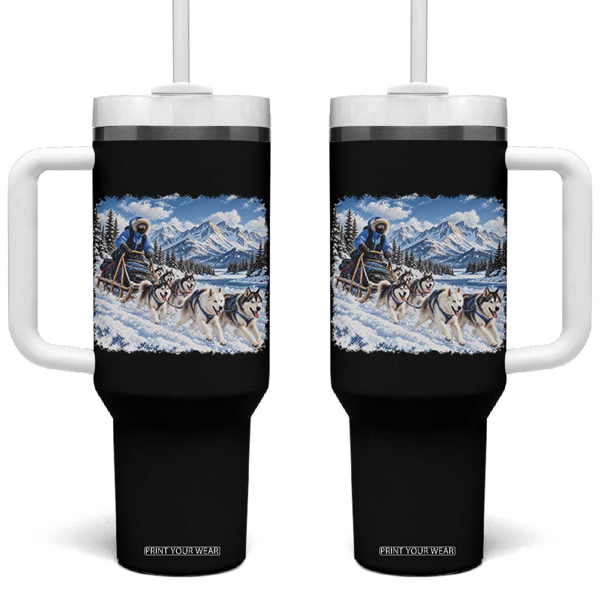 Vintage 90s Sled Dog Musher Outdoor Tumbler With Handle Cozy Winter Snowy Mountain Dog Lover Aesthetic