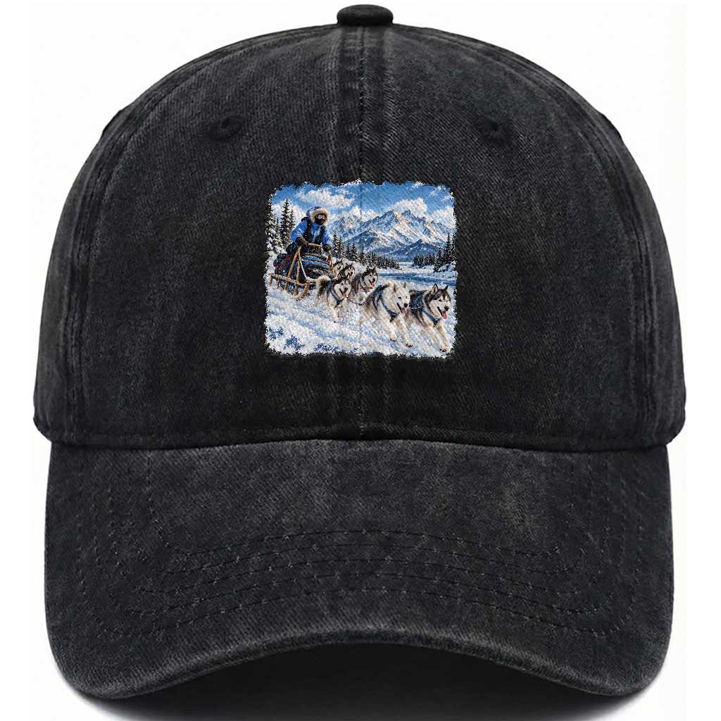Vintage 90s Sled Dog Musher Outdoor Washed Cotton Baseball Cap Cozy Winter Snowy Mountain Dog Lover Aesthetic