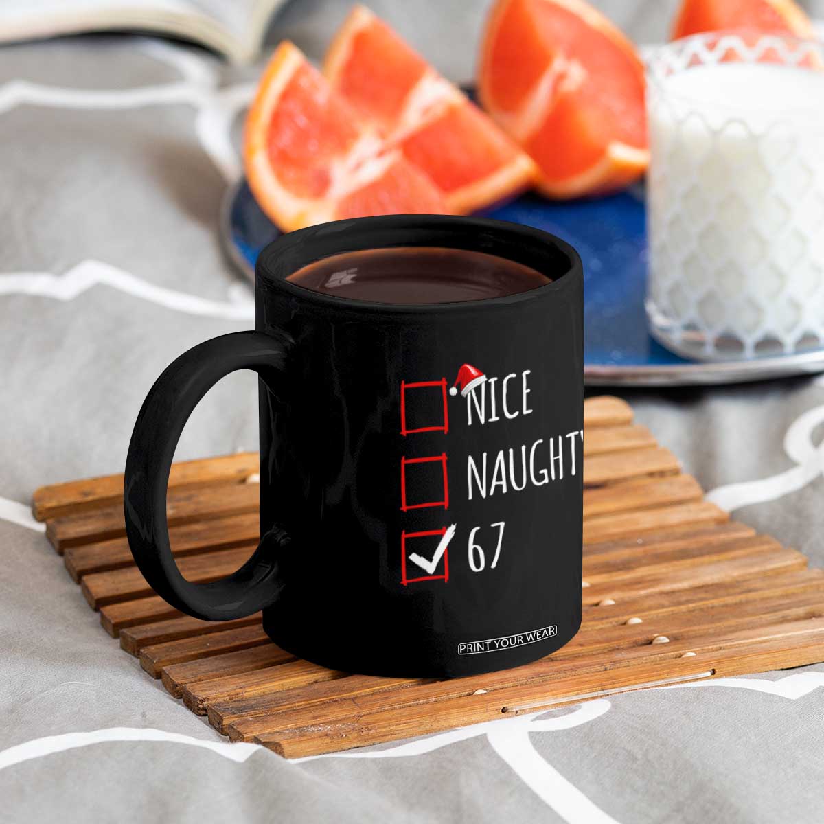67 Christmas Coffee Mug Funny Nice Naughty Six Seven 6 7 Meme Brain Rot TS10 Print Your Wear