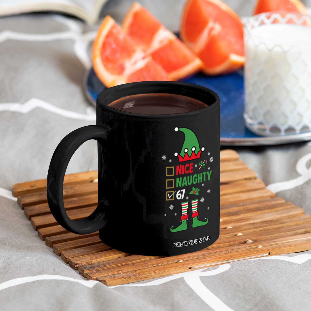 67 Christmas Coffee Mug Funny Six Seven Meme Brainrot Nice Naughty 6 7 Elf Custome TS10 Print Your Wear