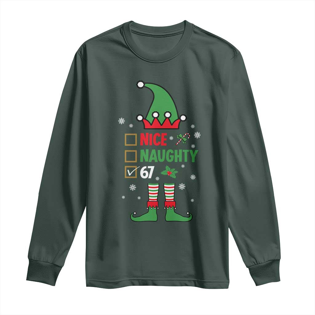 67 Christmas Long Sleeve Shirt Funny Six Seven Meme Brainrot Nice Naughty 6 7 Elf Custome TS10 Dark Forest Green Print Your Wear