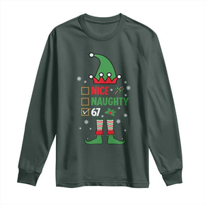 67 Christmas Long Sleeve Shirt Funny Six Seven Meme Brainrot Nice Naughty 6 7 Elf Custome TS10 Dark Forest Green Print Your Wear