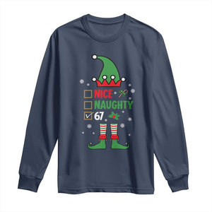 67 Christmas Long Sleeve Shirt Funny Six Seven Meme Brainrot Nice Naughty 6 7 Elf Custome TS10 Navy Print Your Wear