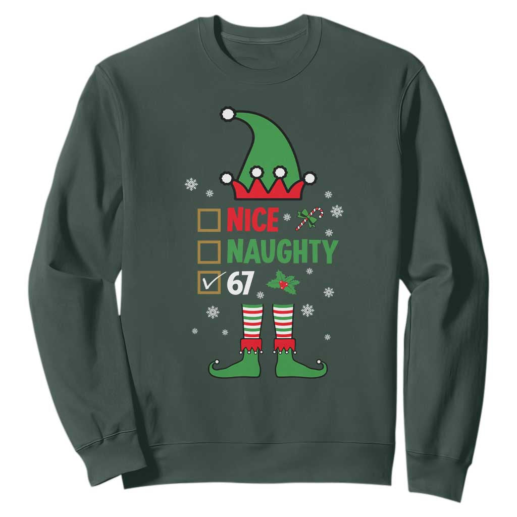 67 Christmas Sweatshirt Funny Six Seven Meme Brainrot Nice Naughty 6 7 Elf Custome TS10 Dark Forest Green Print Your Wear