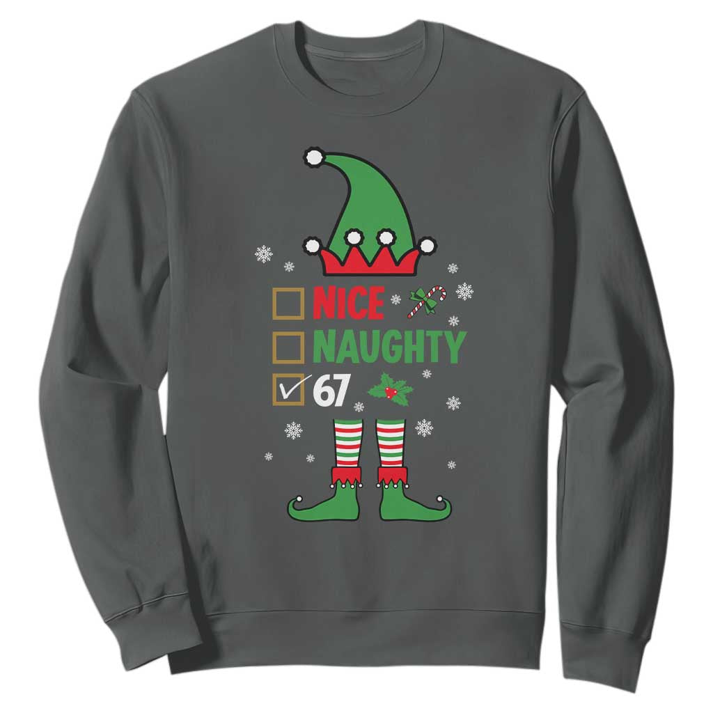 67 Christmas Sweatshirt Funny Six Seven Meme Brainrot Nice Naughty 6 7 Elf Custome TS10 Dark Heather Print Your Wear