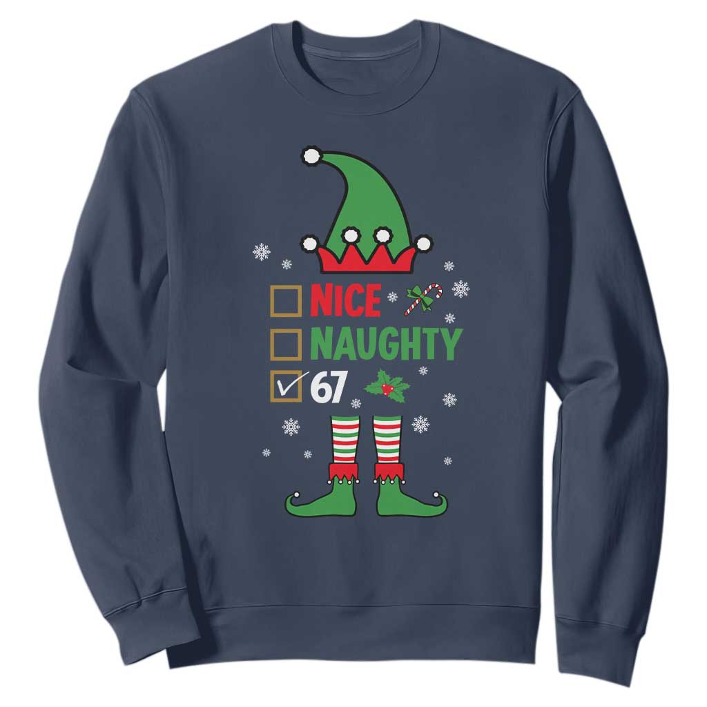 67 Christmas Sweatshirt Funny Six Seven Meme Brainrot Nice Naughty 6 7 Elf Custome TS10 Navy Print Your Wear