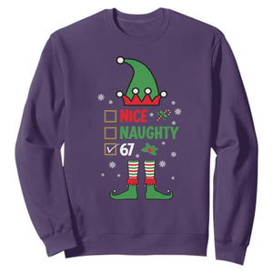 67 Christmas Sweatshirt Funny Six Seven Meme Brainrot Nice Naughty 6 7 Elf Custome TS10 Purple Print Your Wear