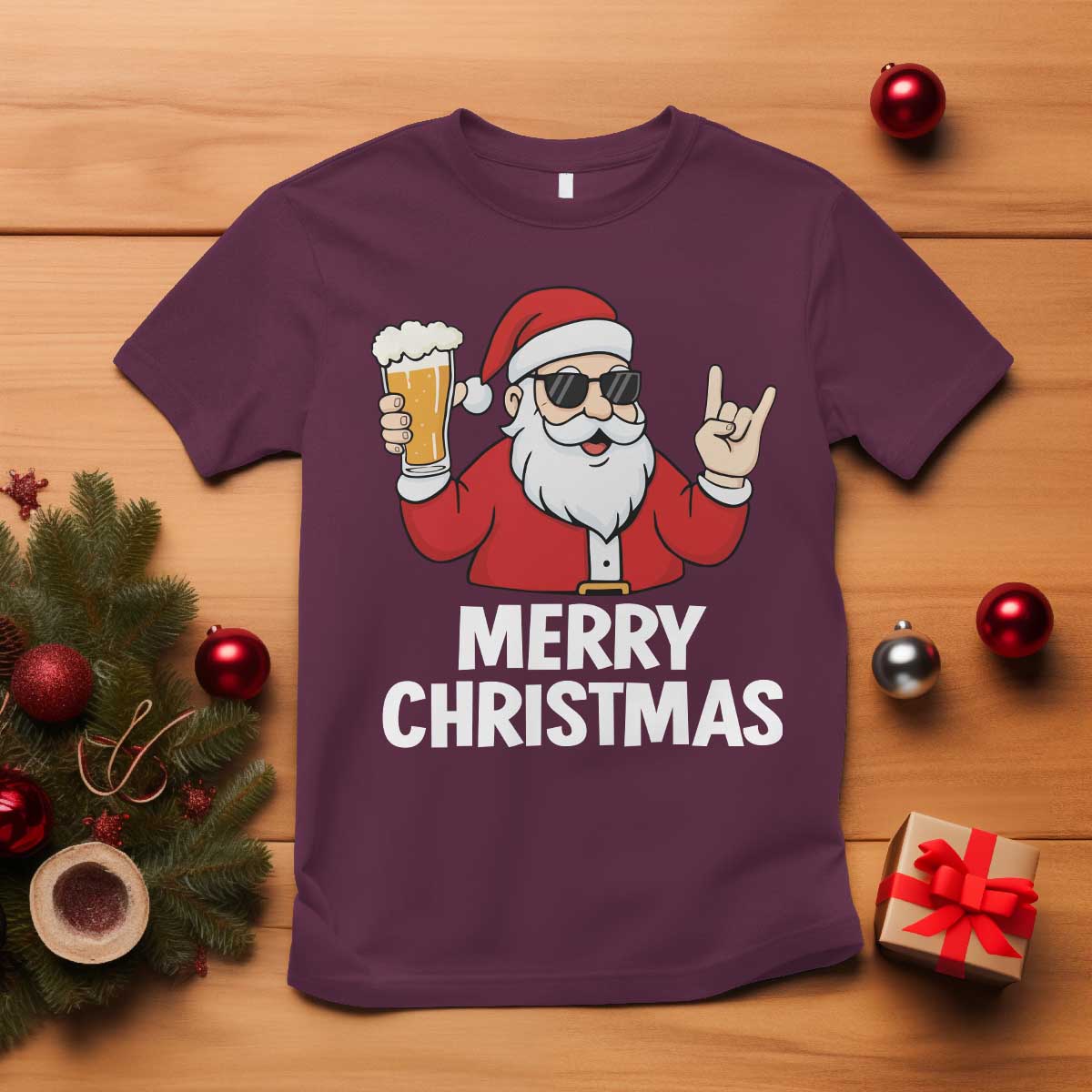 Merry Christmas Funny Santa Drinking Beer T Shirt TS10 Maroon Print Your Wear
