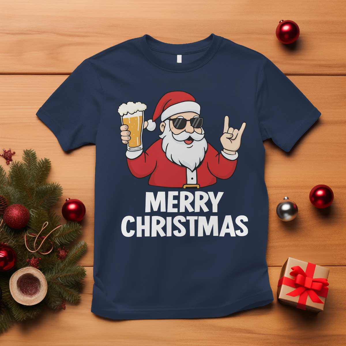 Merry Christmas Funny Santa Drinking Beer T Shirt TS10 Navy Print Your Wear