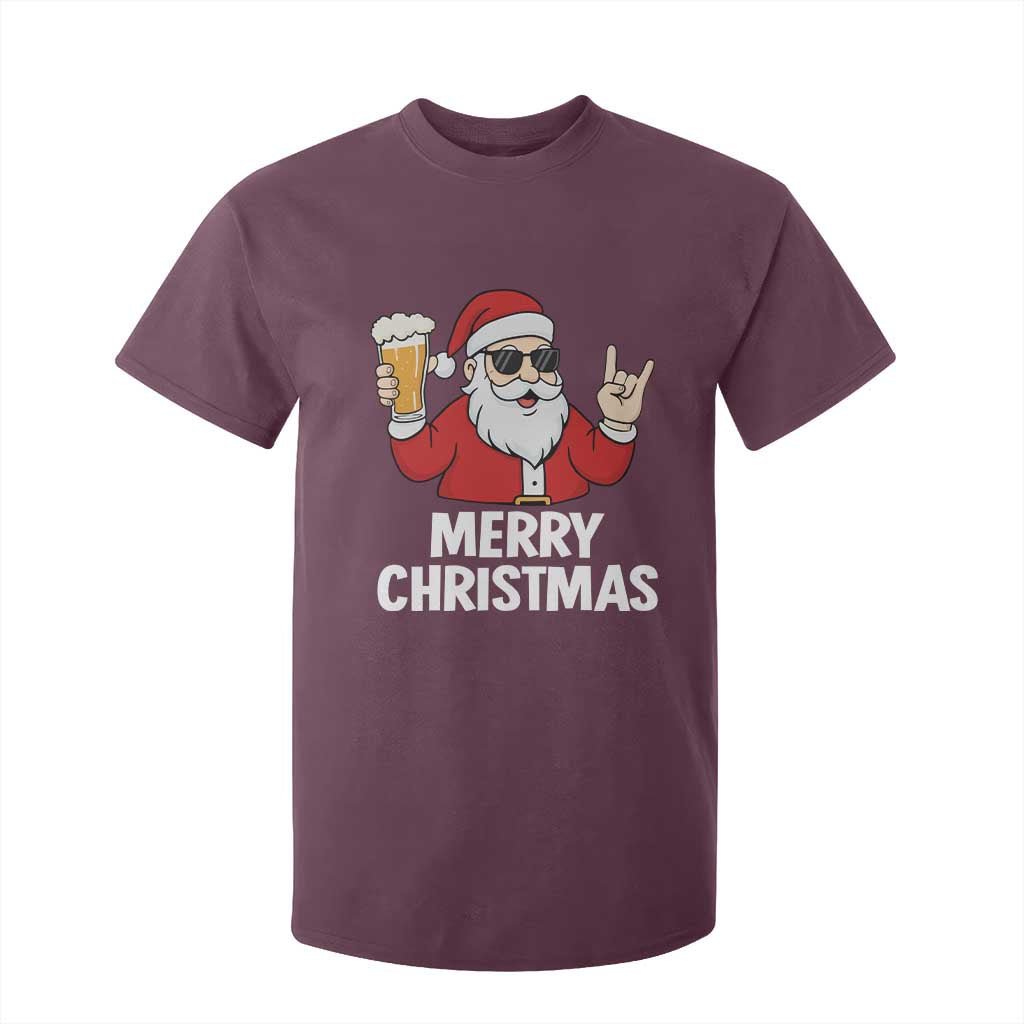 Merry Christmas Funny Santa Drinking Beer T Shirt For Kid TS10 Maroon Print Your Wear