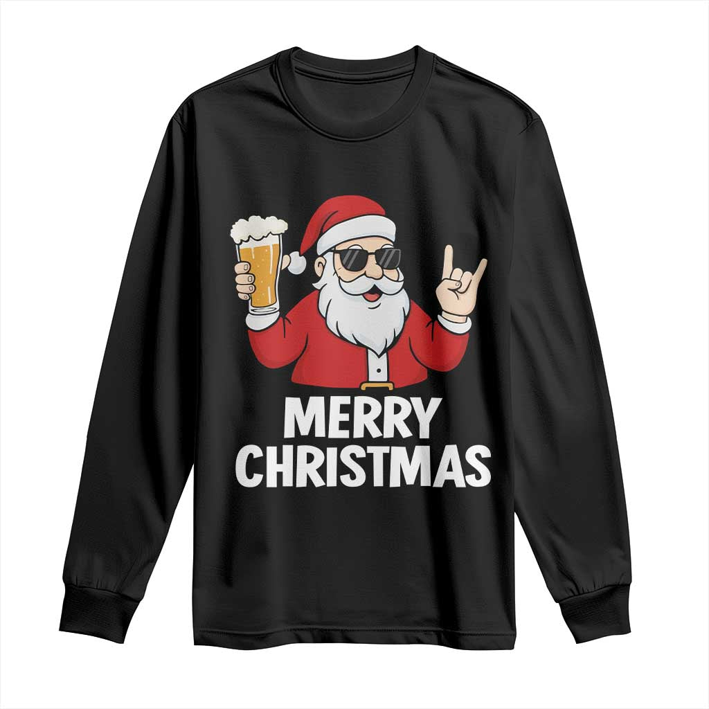 Merry Christmas Funny Santa Drinking Beer Long Sleeve Shirt TS10 Black Print Your Wear