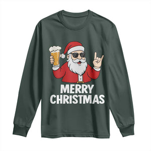 Merry Christmas Funny Santa Drinking Beer Long Sleeve Shirt TS10 Dark Forest Green Print Your Wear