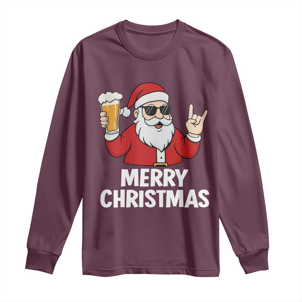 Merry Christmas Funny Santa Drinking Beer Long Sleeve Shirt TS10 Maroon Print Your Wear