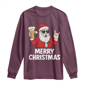 Merry Christmas Funny Santa Drinking Beer Long Sleeve Shirt TS10 Maroon Print Your Wear