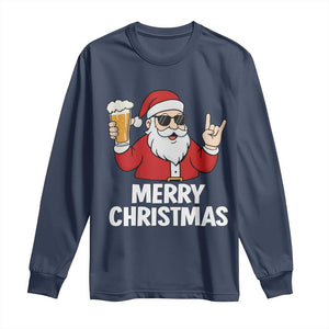 Merry Christmas Funny Santa Drinking Beer Long Sleeve Shirt TS10 Navy Print Your Wear
