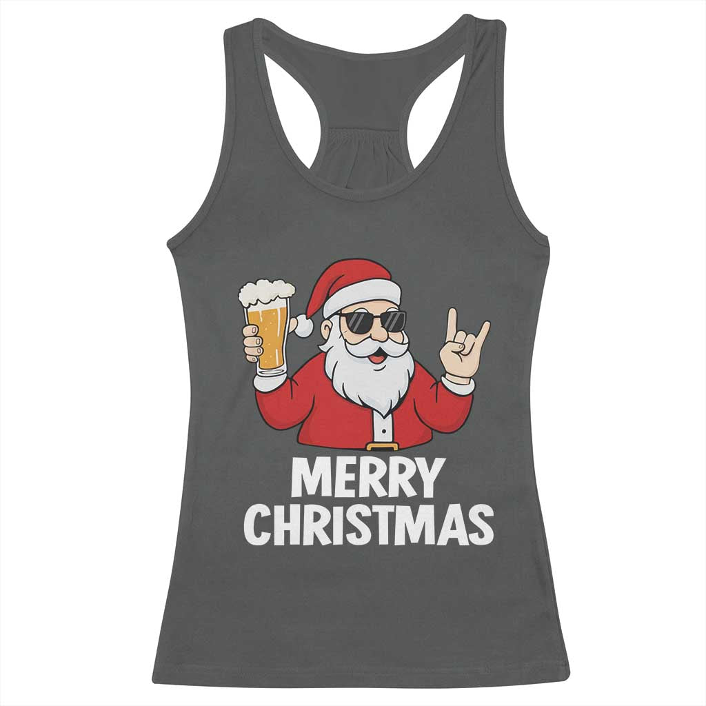 Merry Christmas Funny Santa Drinking Beer Racerback Tank Top TS10 Dark Heather Print Your Wear
