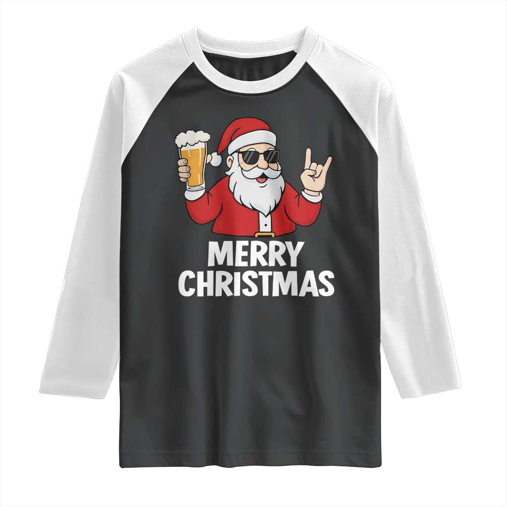 Merry Christmas Funny Santa Drinking Beer Raglan Shirt TS10 Black White Print Your Wear