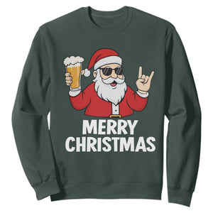 Merry Christmas Funny Santa Drinking Beer Sweatshirt TS10 Dark Forest Green Print Your Wear