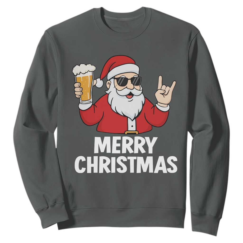 Merry Christmas Funny Santa Drinking Beer Sweatshirt TS10 Dark Heather Print Your Wear