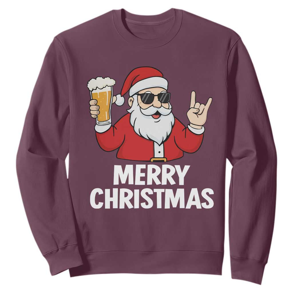Merry Christmas Funny Santa Drinking Beer Sweatshirt TS10 Maroon Print Your Wear