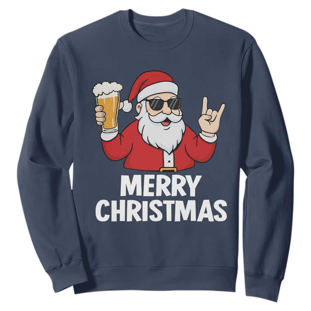 Merry Christmas Funny Santa Drinking Beer Sweatshirt TS10 Navy Print Your Wear