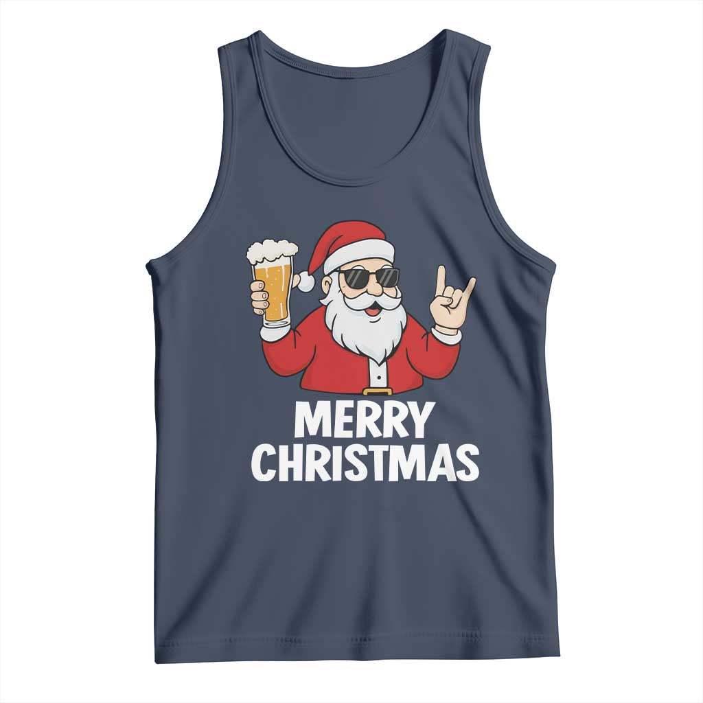 Merry Christmas Funny Santa Drinking Beer Tank Top TS10 Navy Print Your Wear