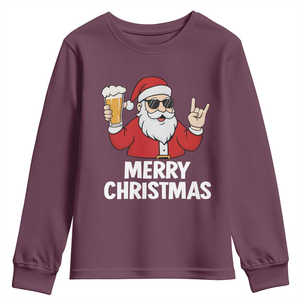Merry Christmas Funny Santa Drinking Beer Youth Sweatshirt TS10 Maroon Print Your Wear