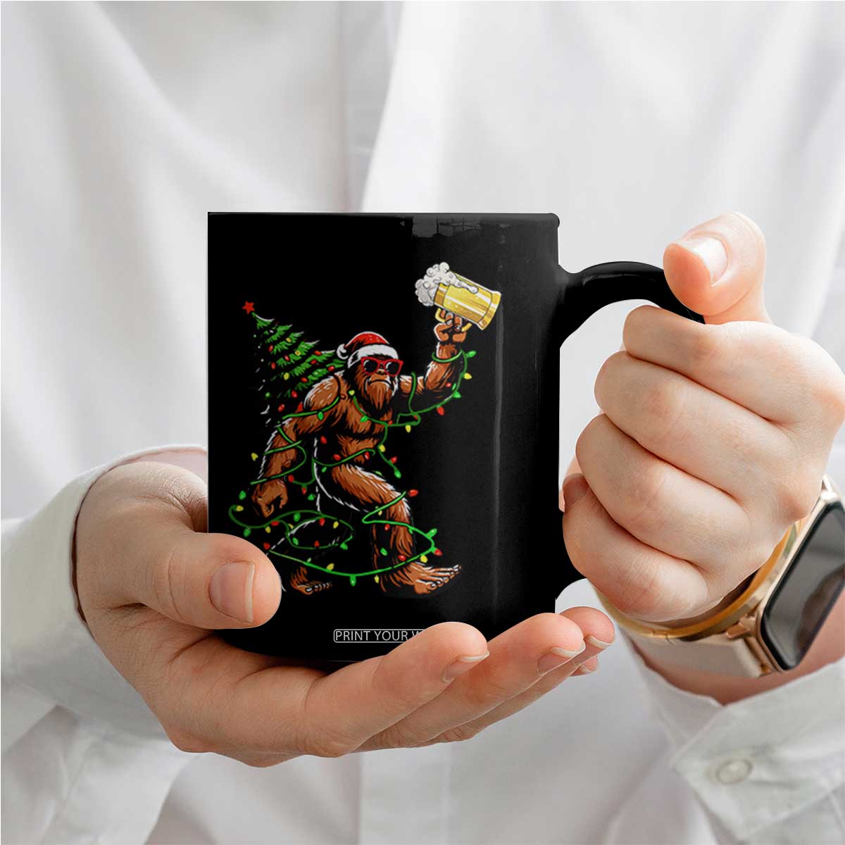 Santa Bigfoot Christmas Tree Coffee Mug Xmas Lights Funny Sasquatch Beer TS10 Print Your Wear