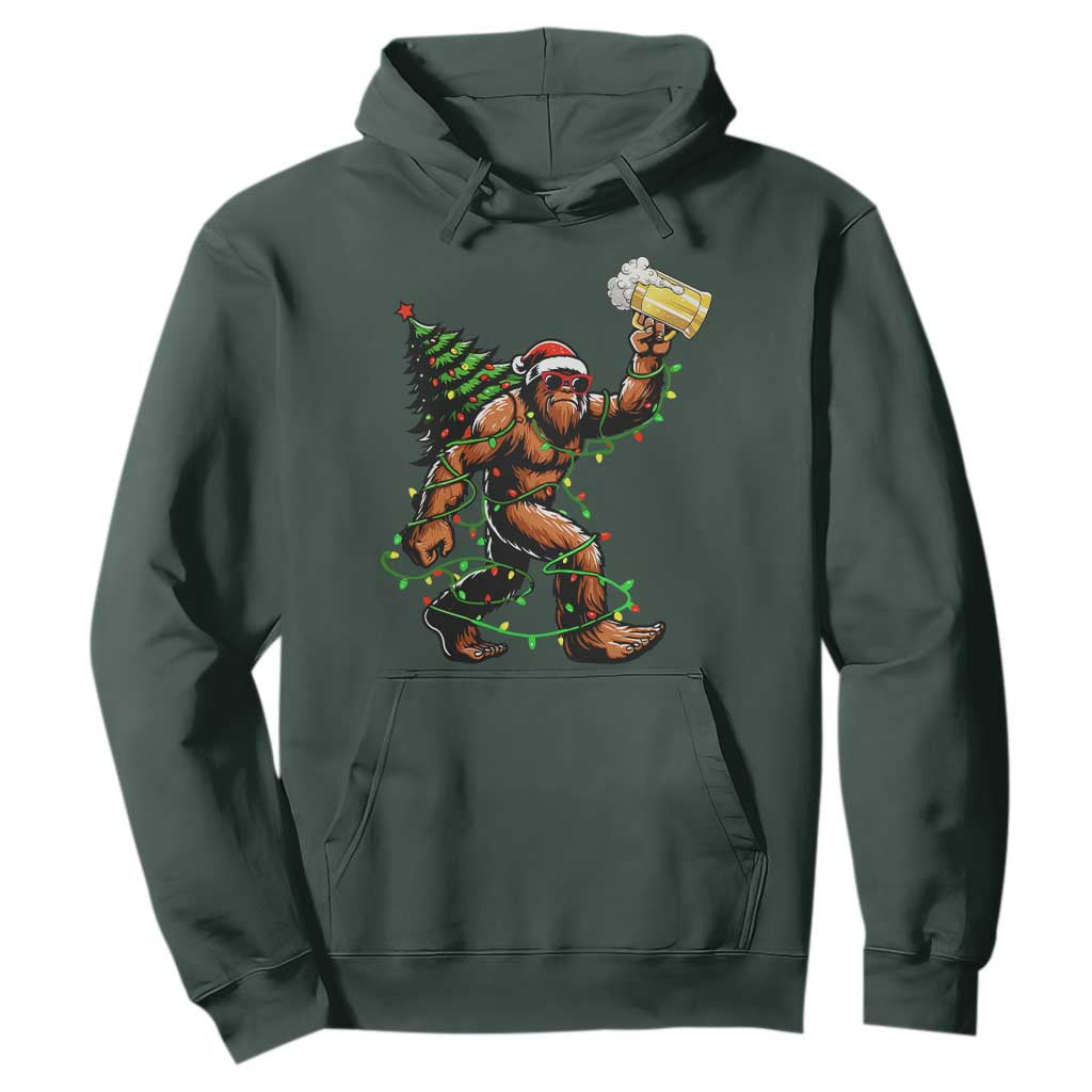 Santa Bigfoot Christmas Tree Hoodie Xmas Lights Funny Sasquatch Beer TS10 Dark Forest Green Print Your Wear