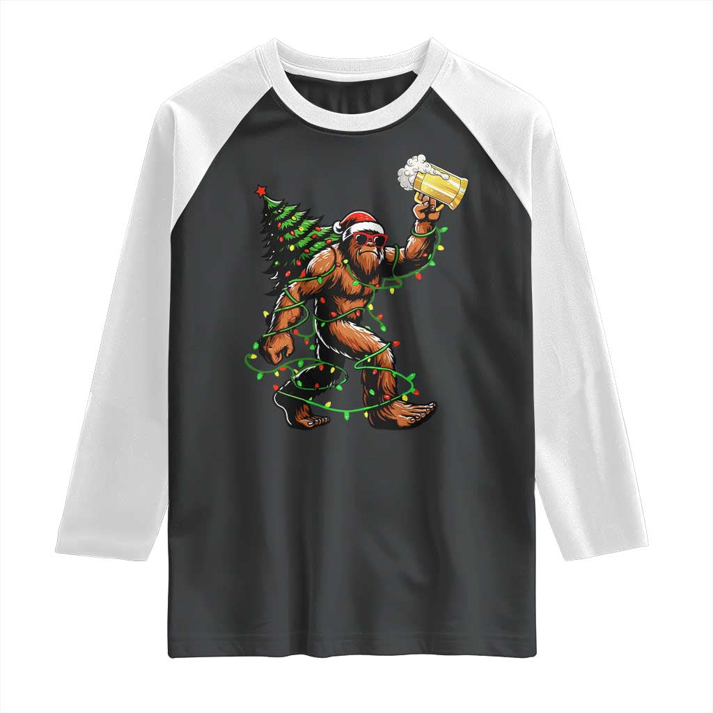 Santa Bigfoot Christmas Tree Raglan Shirt Xmas Lights Funny Sasquatch Beer TS10 Black White Print Your Wear