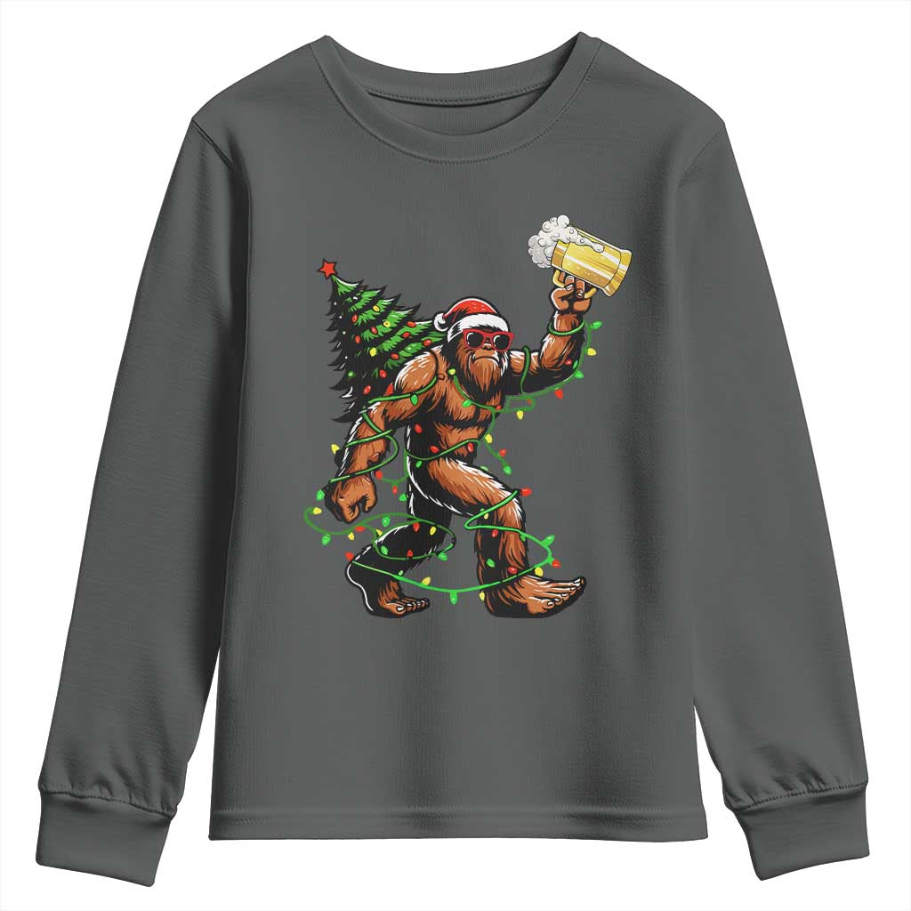 Santa Bigfoot Christmas Tree Youth Sweatshirt Xmas Lights Funny Sasquatch Beer TS10 Dark Heather Print Your Wear